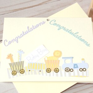 Parabéns para bebê menino l Trem Choo Choo l Leão l Girafa l Cores pastel l Em branco por dentro l Frete grátis para os EUA