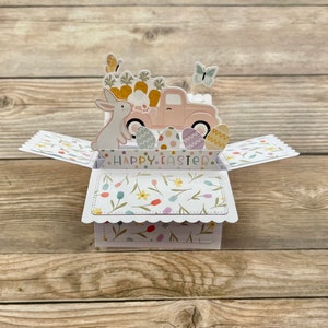 3D Box Pop Up Osterkarte l Bunnies Karotten Eier Vintage Hippie Pastellfarben l Faltbar flach für den Versand l Kostenloser Versand in die USA