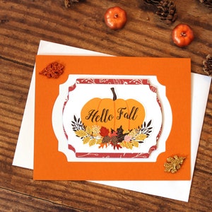 Tarjeta de otoño l Hola otoño l Amarillo Naranja Marrón Rojo Blanco l Calabaza l Hojas l Interior en blanco l Envío gratuito a EE. UU.