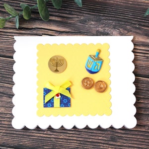 Carte Hanoukka l Bleu blanc jaune l Cadeau Menorah Dreidel l Intérieur vierge l Unique l Livraison gratuite