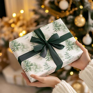 Carta da regalo, carta da regalo natalizia con alberi di pino acquerellati, carta da regalo per le feste, confezioni festive, fogli per regali di Natale, albero rustico