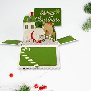 Cartão de Natal pop-up 3D, Feliz Natal, Rena de urso polar, Cena ao ar livre, Neve, Vermelho, Branco e Verde, Dobra para enviar pelo correio, Frete grátis para os EUA