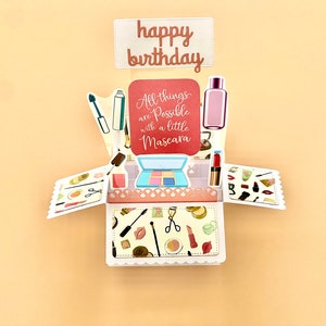 Carte d'anniversaire pop-up avec boîte 3D l Thème de maquillage glamour l Carte de maquilleur l Se plie à plat pour l'envoyer par la poste