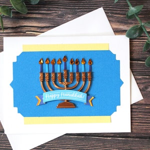 Carte de Hanoucca l Bleu jaune blanc l Menorah l Intérieur vierge l Unique l Livraison gratuite
