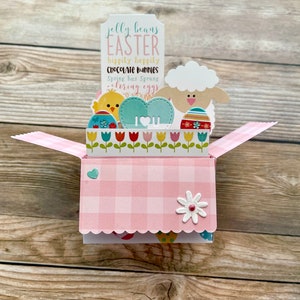 Carte de Pâques pop-up 3D, joyeuses Pâques, oeufs de poussin de mouton, fleurs à carreaux coeur, bleu jaune rose, se plie à plat pour l'expédition, livraison gratuite aux États-Unis