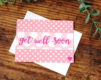 Get Well Card, Pink White, Polka Dots, Hearts, Blank Inside, Free US Shipping