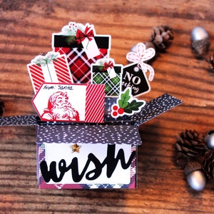 Tarjeta navideña 3D desplegable, pide un deseo, regalos, copos de nieve, Papá Noel, rojo, blanco y verde, cuadros, se pliega para enviar por correo, envío gratuito a EE. UU.