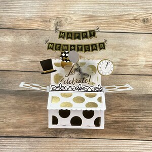 3D Box Pop Up Silvesterkarte, Schwarz Weiß Gold Polka Dots, Ballons Hüte, Falten flach für den Versand, Kostenloser US-VersandVersandkosten über 35
