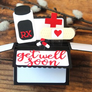 Tarjeta de recuperación emergente en caja 3D l Rojo, blanco y negro l Curita l Corazón l Se pliega para enviar por correo l Envío gratuito a EE. UU.