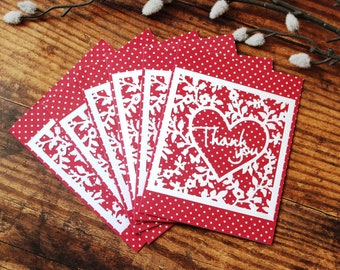 Set of 5 Thank You Notes, Red White, Floral Polka Dot,  Blank Inside