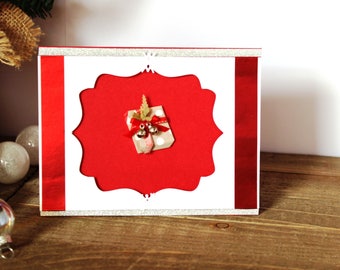 Christmas Card, Red White, Present, Gift, Package, Bells, Snowflakes, Blank Inside, Free US Shipping