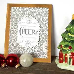 Carte de Noël l Or l Cheers l Filigrane argenté l Noël ou les vacances l Intérieur vierge l Unique l Pièce unique l Livraison gratuite aux États-Unis