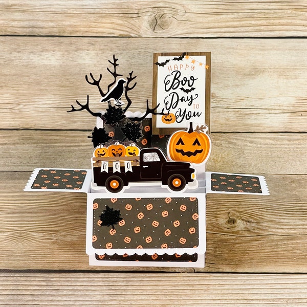 3D Box Pop Up Halloween Card, Happy Boo Day to You, Vintage Pickup Truck, Spooky Forest,  Folds Flat, Free US ShippingFree shipping over 35