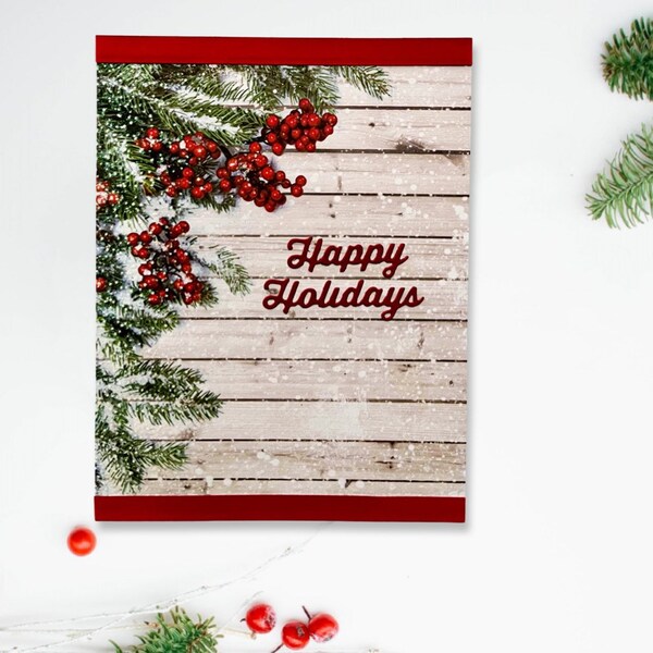 Carte de Noël, joyeuses fêtes, houx scintillant, pin enneigé, style campagnard, ruban de satin rouge, intérieur vierge, livraison gratuite aux États-Unis