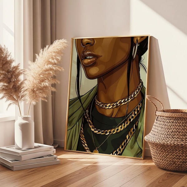 Black Woman Art, Abstract Wall Art, Golden Jewellery Art Print, Female Art Print, Home Decor Art, Gift For Her, Digital Download