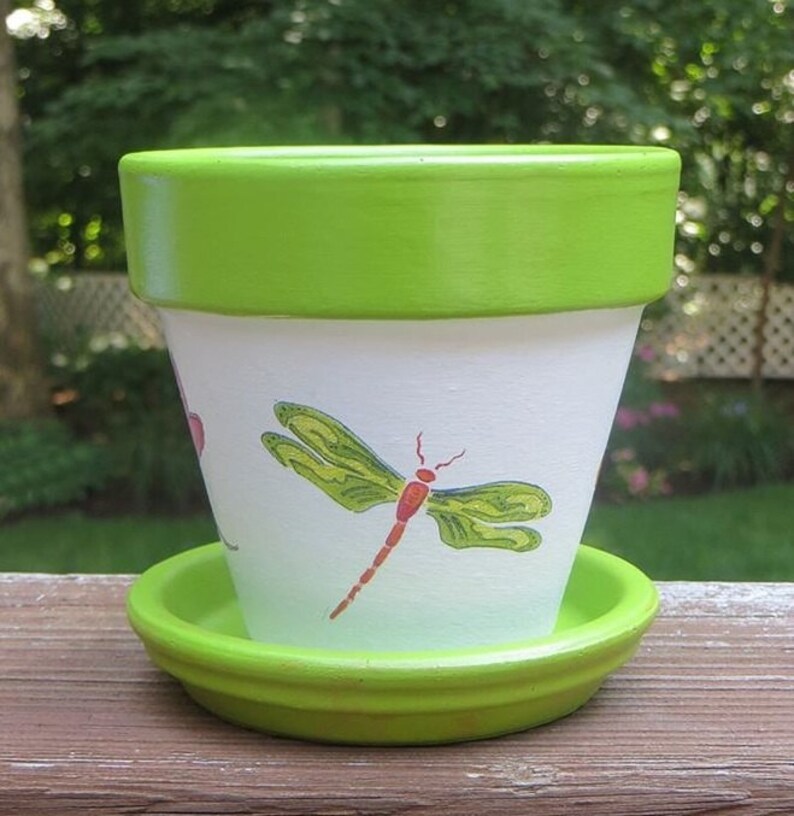 Dragonfly Painted Flower Pot Four Inch Terra Cotta Etsy