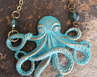 Large Patina Octopus Necklace With Anchor And Gemstones