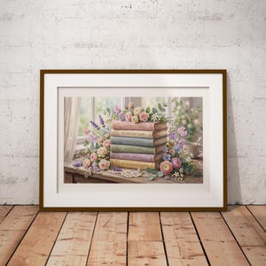 Lámina decorativa floral para pared, lámina con pila de libros estilo cottagecore, decoración vintage con libros florales, arte romántico para sala de lectura, póster botánico acogedor.