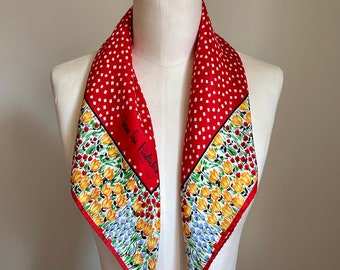 Vintage Silk Diane Von Furstenberg Scarf - Red Polka Dot and Spring Florals, for Baar and Beards 1970’s Flower Tulip Pattern Designer Silk
