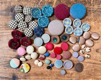 Vintage Fabric Covered Buttons - 64 Buttons Total, Pad Back, Matching Sets, Houndstooth Crochet Silk Buttons, Clothing Repair or Craft