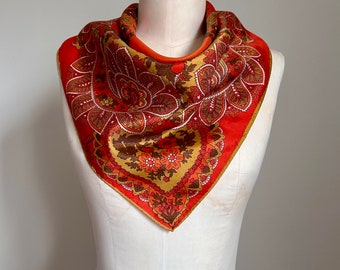 Vintage Vera Neumann Paisley Design Scarf - Bright Orange, Yellow, Red and Green - 1970’s Colors, Intricate Pattern