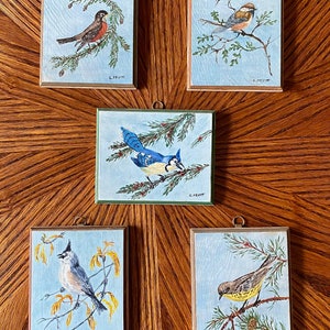 Vintage Bird Painting on Wood - Cute Wall Hanging, Individually Priced - Signed C. Pruitt Robin Tuffed Titmouse Blue Jay Warbler Chickadee
