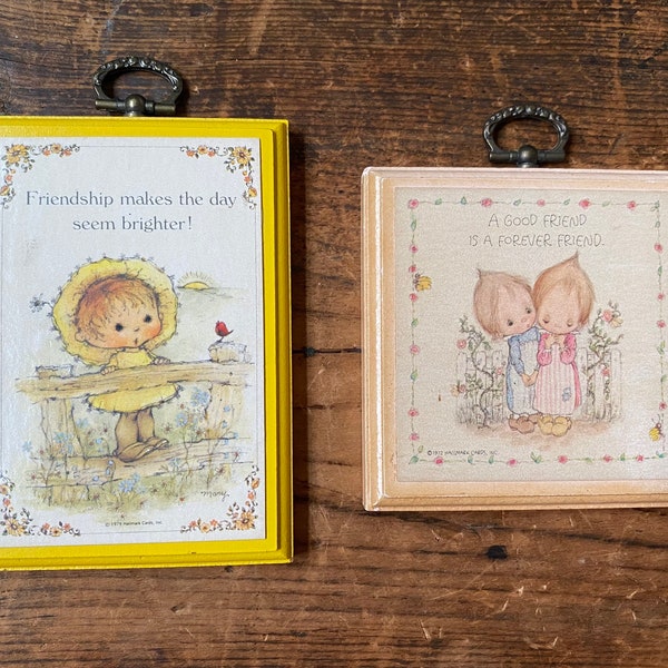 Set of Two (2) Vintage Wooden Hallmark Cards Friendship Children Motif Wall Decor - Yellow and Peach Wallhangings Precious Moments 1972 1979