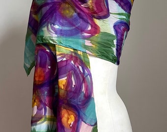 Vintage Hand Painted Long Silk Scarf - Watercolor Purple Irises, Green Blue Hand Dyed Artist Oblong Floral Scarf