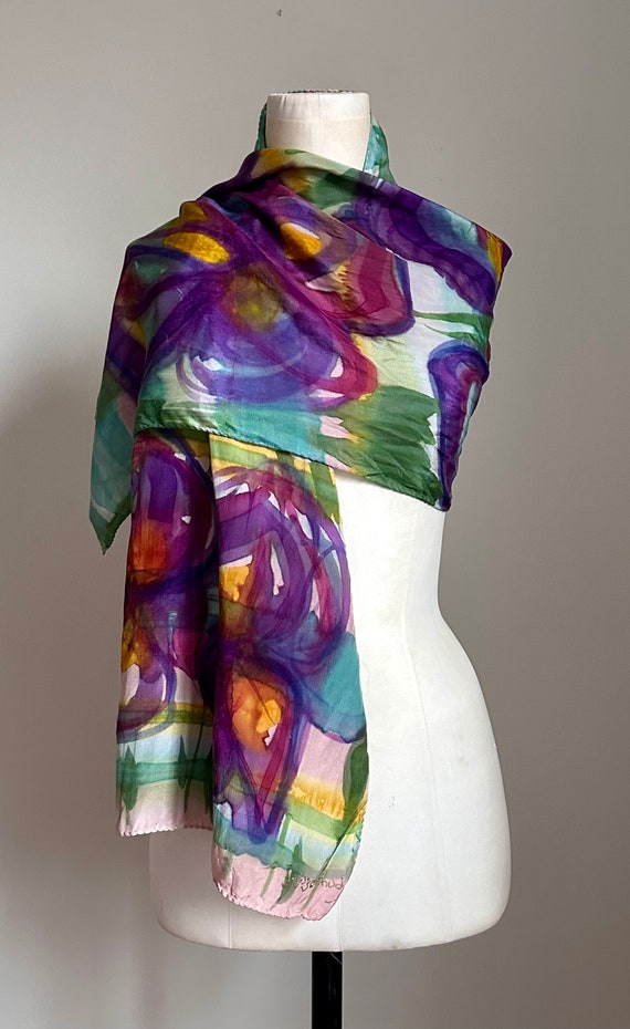 Vintage Hand Painted Long Silk Scarf - Watercolor 