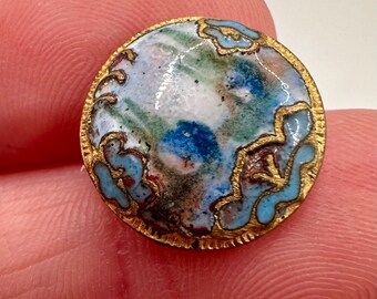 Antique French Enamel Hand Painted Button - Gold with Blue White Pink Floral Landscape Rare Unique Rococo