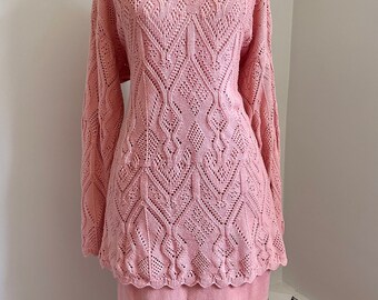 Vintage Pierre Cardin Crochet Sweater and Knit Skirt Set - Peach Fuzz Pink, Separates Medium Large 1970’s Designer