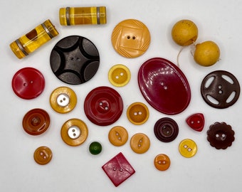Antique Lot of 25 Bakelite Buttons- Various Styles, Toggle, Butterscotch, Apple Juice, Carved, Unique Shapes Instant Collection Vintage