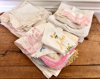 Vintage Handkerchief Lot of 50 - Ivory White Embroidered Antique Lace Floral Initals, Crafting Cotton Fifty Pieces Vintage Hankies 1950’s