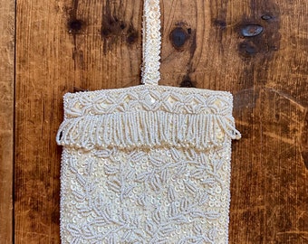 Vintage Beaded Arm Strap Clutch - Ivory Beads and Sequins, Branch Pattern with Beaded Fringe - Made in Hong Kong 1950’s Wedding Clutch