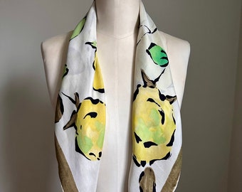 Vintage Silk Scarf - 1950’s Flowers Watercolor Style, Yellow Green and Tan, Floral 50’s Large Reine Seide German