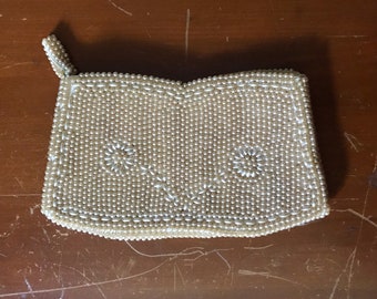 Vintage Beaded Clutch - Beaded Ivory Floral Pattern, Made in Japan, 1950s Accessory, Bridal Purse