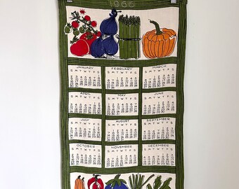 Vintage 1966 Vera Neumann Cotton Linen Calendar Tea Towel - Green with Vegetables, Kitchen Accessory, Kistchy Wall Decor, Gift