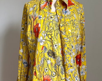 Vintage Vera Neumann Matching Tank and Blouse Set - 1970’s Yellow Floral Print, Small S - Flower Field Unique Rare Set Lord & Taylor 70’s