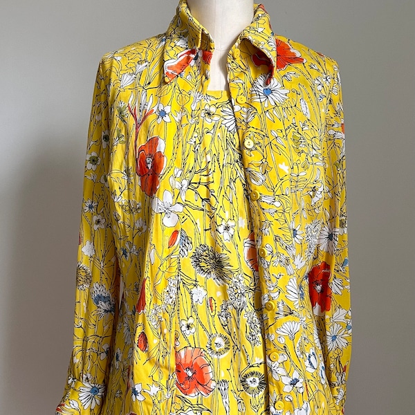 Vintage Vera Neumann Matching Tank and Blouse Set - 1970’s Yellow Floral Print, Small S - Flower Field Unique Rare Set Lord & Taylor 70’s