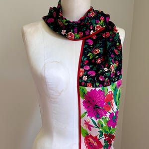 Vintage Silk Adrienne Vittadini Long Floral Scarf - Black White Colorblock with Pink Orange Red and Green Flowers - 1990’s Oblong Neck Scarf