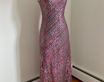 Vintage New York Industrie Silk Maxi Gown - Sequin Red Pink V-Neck Sheath, Stunning Classy Black Tie, Made in Italy XS S