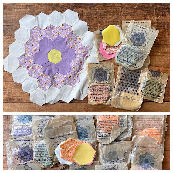 Grandmother’s Flower Garden Pre-Cut Fabric Hexagons - ONE Kit, Vintage Quilt Repair 1930’s 1940’s Original Fabric, Red-E-Kut Quilt Patch Co