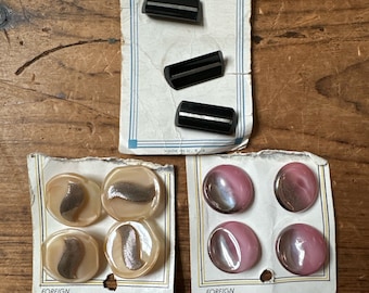 Vintage Carded Glass Buttons - Latest Quality 1930’s Jet Black Glass Toggle Buttons, Large Round Tan and Pink Unique Glass Buttons 1940’s
