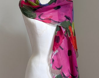Vintage Robin DeVick Hand painted Silk Scarf - Watercolor Flowers, 990’s Oblong Neck Scarf, Silk Chiffon Pink Green Purple