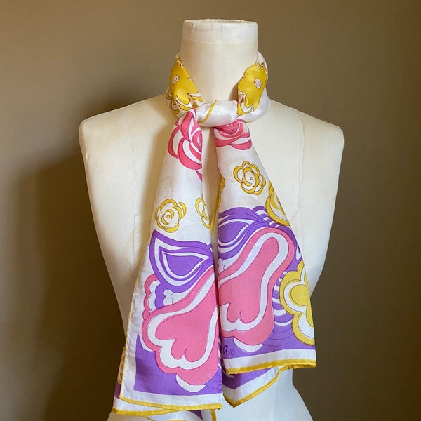 Vintage Vera Neumann Oblong Scarf - Pink Yellow and Purple Roses, Tulips and Daisies - Flower Power Long Neck Scarf or Hair Scarf