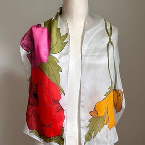 Vintage Vera Neumann Silk Scarf - Large Poppy Flowers & Tulips, Line Art, 1980’s Pink Red Yellow Green, Vera Oblong Rectangle Neck Scarf