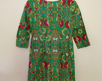 Vintage Cotton Tunic - 1970s Kaftan Dress, Bright Colors, Green Pink Orange Yellow - Indian Floral Scroll Print, Psychedelic Summer XS