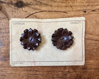 Vintage Carded Large Wooden Buttons - Carved Dark Wood Flower Sunburst Design, Superior Quality Carded Button Set of Two (2) Rare Buttons