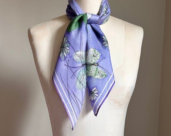 Vintage Vera 1960s Silk Scarf - Butterflies, Purple, White and Green Butterfly and Flower Design Ladybug