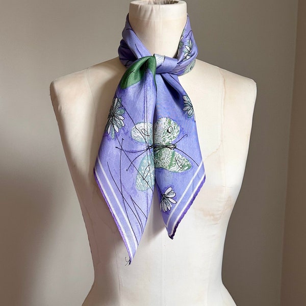 Vintage Vera 1960s Silk Scarf - Butterflies, Purple, White and Green Butterfly and Flower Design Ladybug